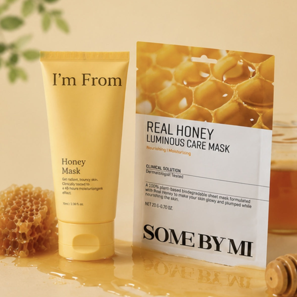 I’m From Honey Mask positioned in front of a SOME BY MI Real Honey Luminous Care Mask, styled with honey props on a warm beige background.