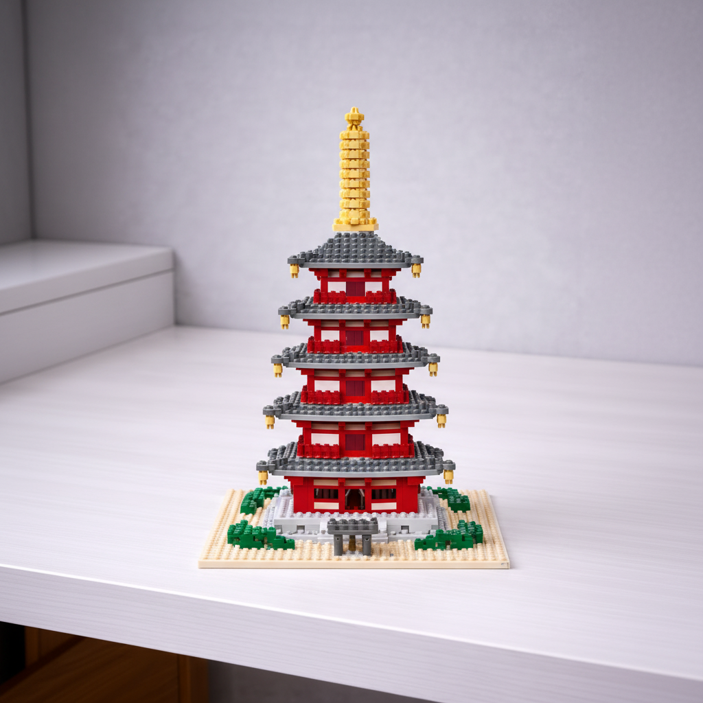 Nanoblock Japanese pagoda model built from miniature blocks and displayed on a white surface.