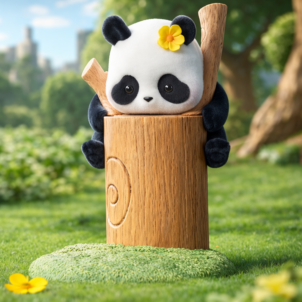 Panda Roll blind box plush toy with a flower, sitting on a wooden stump in a park setting.