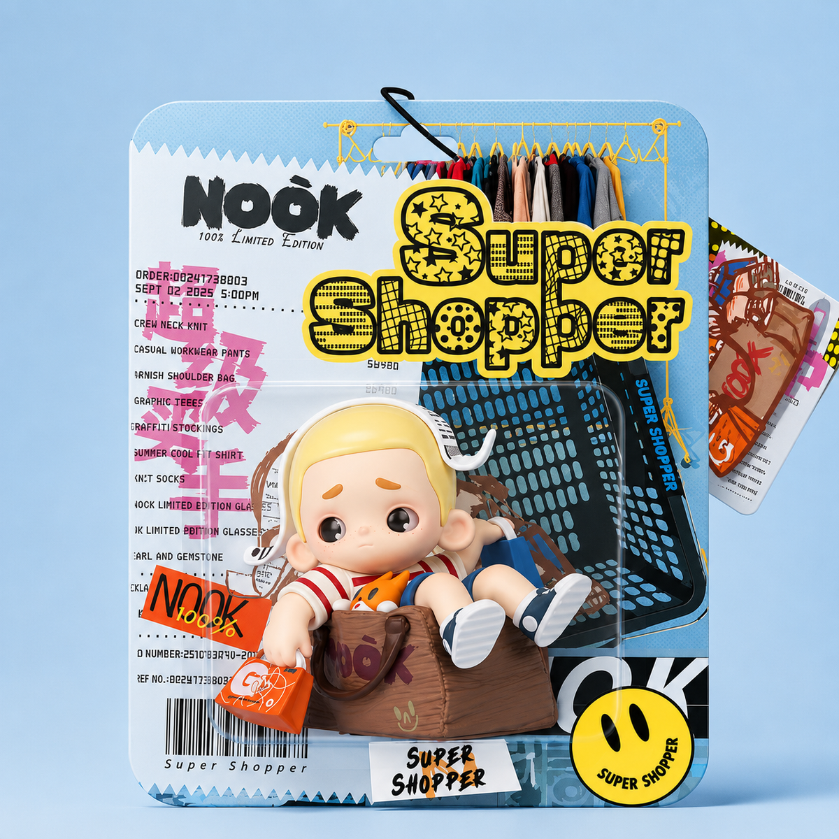 52TOYS NOOK Super Shopper 100% Limited Edition figure in original packaging with a blue shopping basket and colourful accessories.