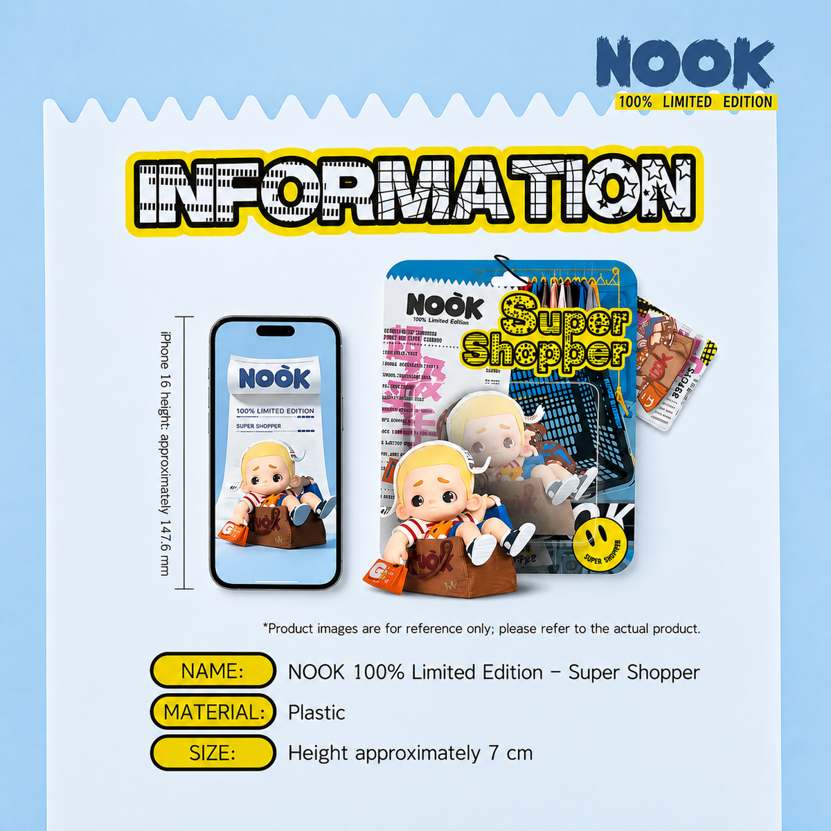 Product information graphic for the 52TOYS NOOK Super Shopper 100% Limited Edition, showing dimensions, product details and a small figure mockup on a light blue background.