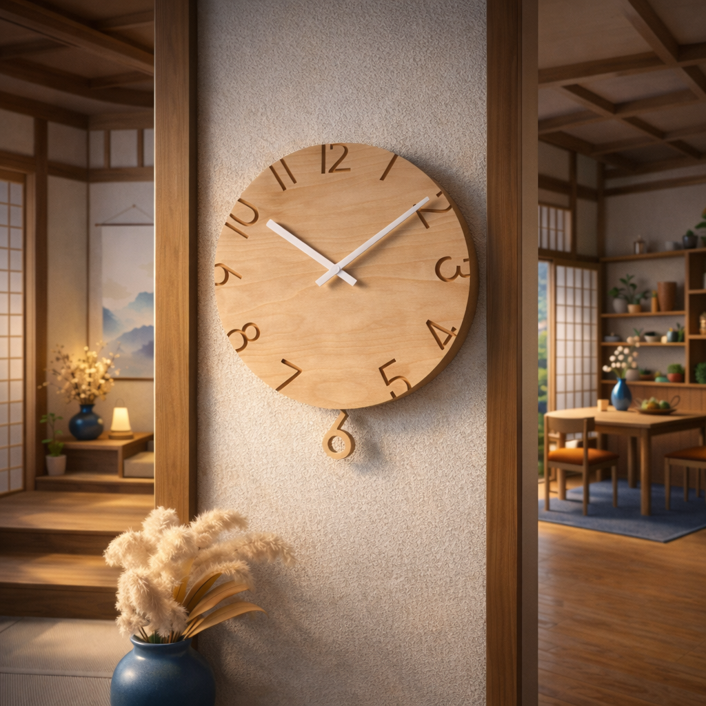 Lemnos Carved Swing Wall Clock – Natural Wood Pendulum Clock