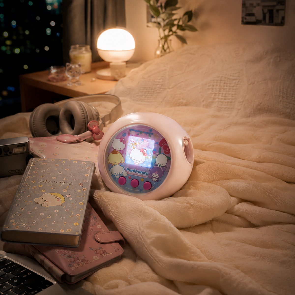 Tamagotchi-style device on a bed with a notebook and headphones, cozy indoor setting.