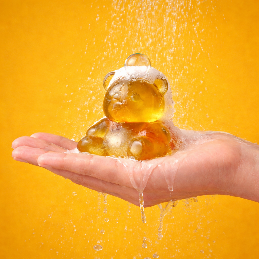 Hand holding a yellow Happy Jelly bear-shaped soap with water splashing around on a yellow background.