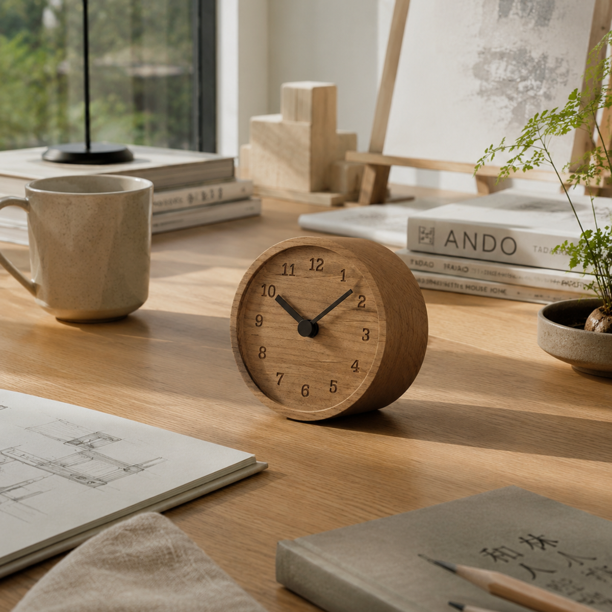 Lemnos wooden clock displayed on a desk with a mug, books and plants in a bright room.
