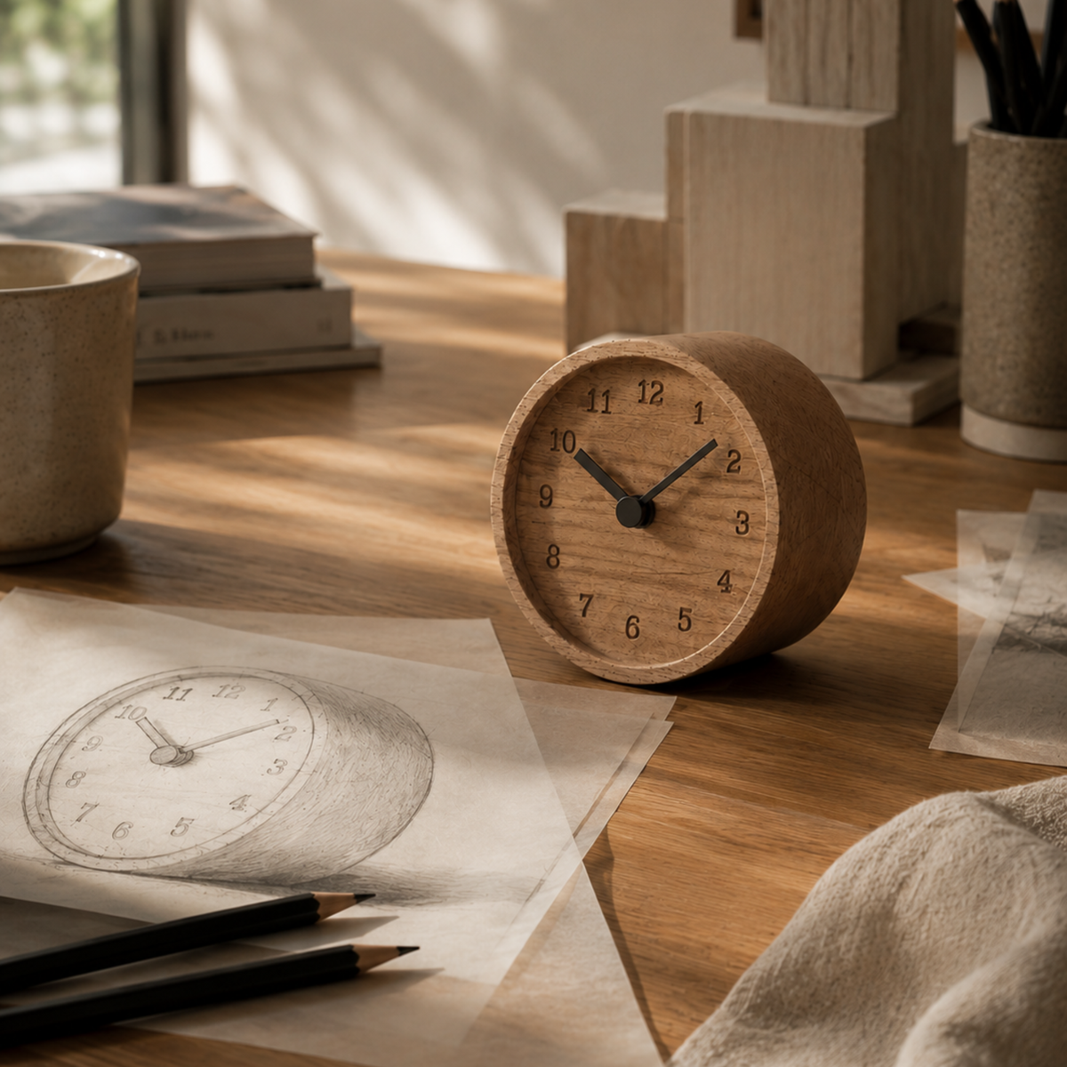 Lemnos wooden clock displayed on a wooden surface with a pencil and paper in the foreground.
