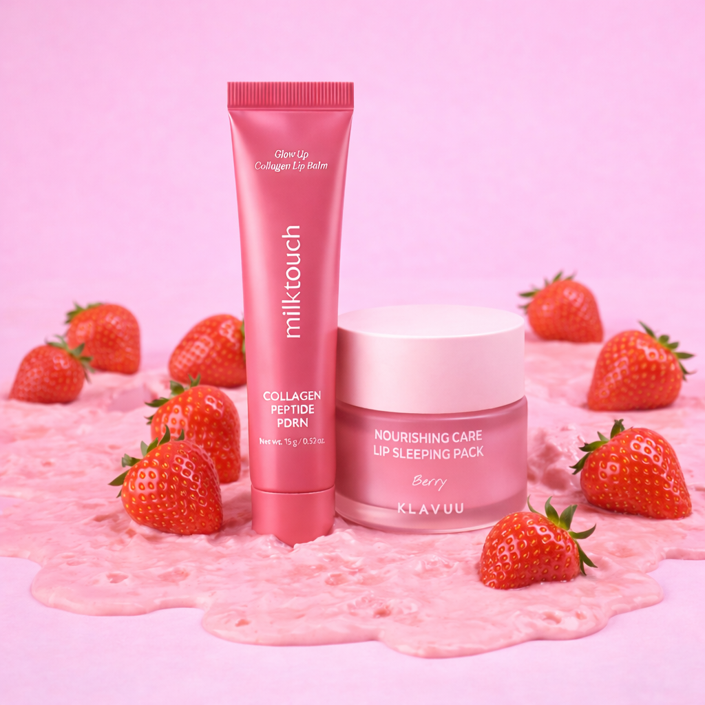 Milk Touch and KLAVUU berry lip care products styled with strawberries on a pink background.