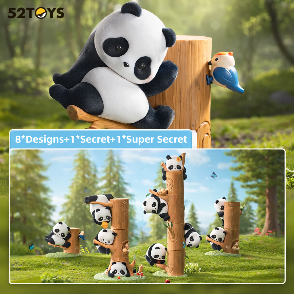 Panda Roll blind box figure sitting on a wooden post beside a bird, set against a forest background.