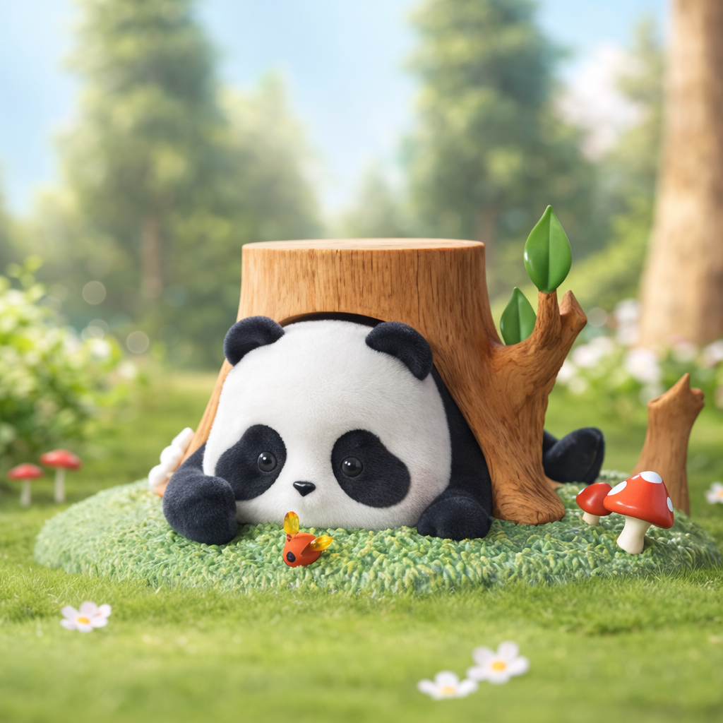 Panda Roll blind box plush toy sitting beneath a wooden tree stump in a forest setting with trees and flowers.