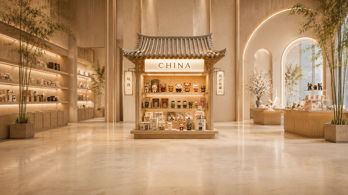 Puffin Bazaar China stall with an illuminated display case and decorative details inside a bright store interior.