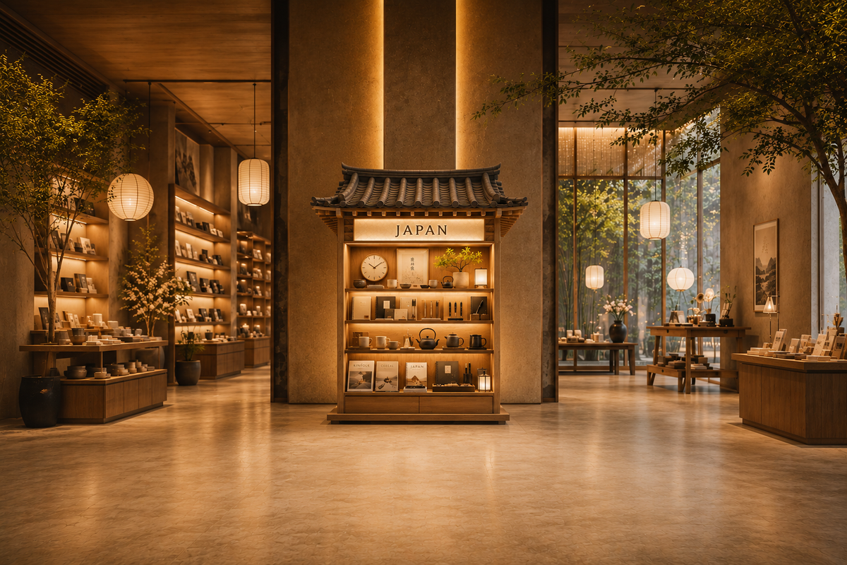Puffin Bazaar Japan stall with an illuminated display case and decorative details inside a bright store interior.