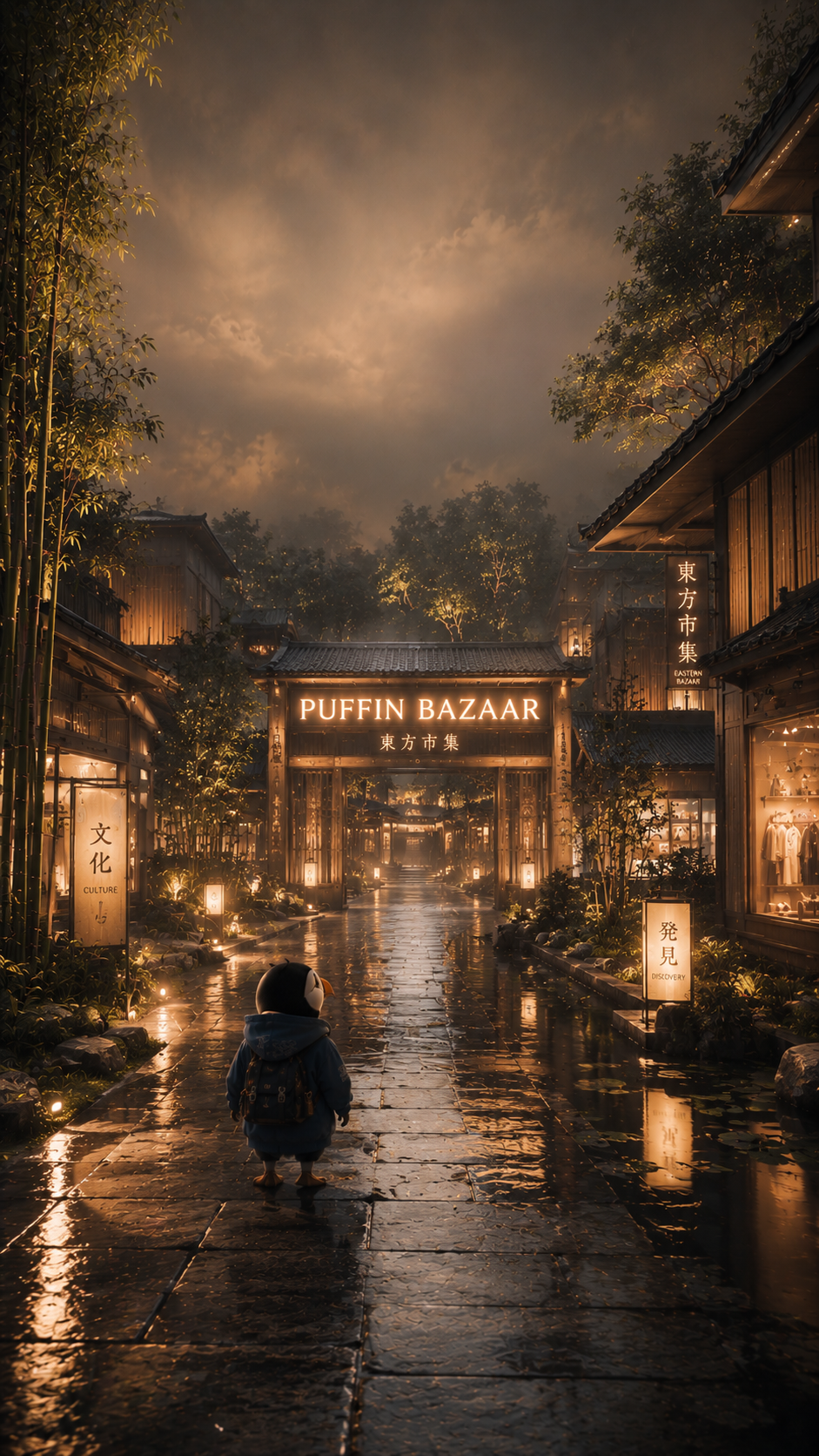 Person walking towards the illuminated Puffin Bazaar entrance on a misty street lined with traditional architecture.