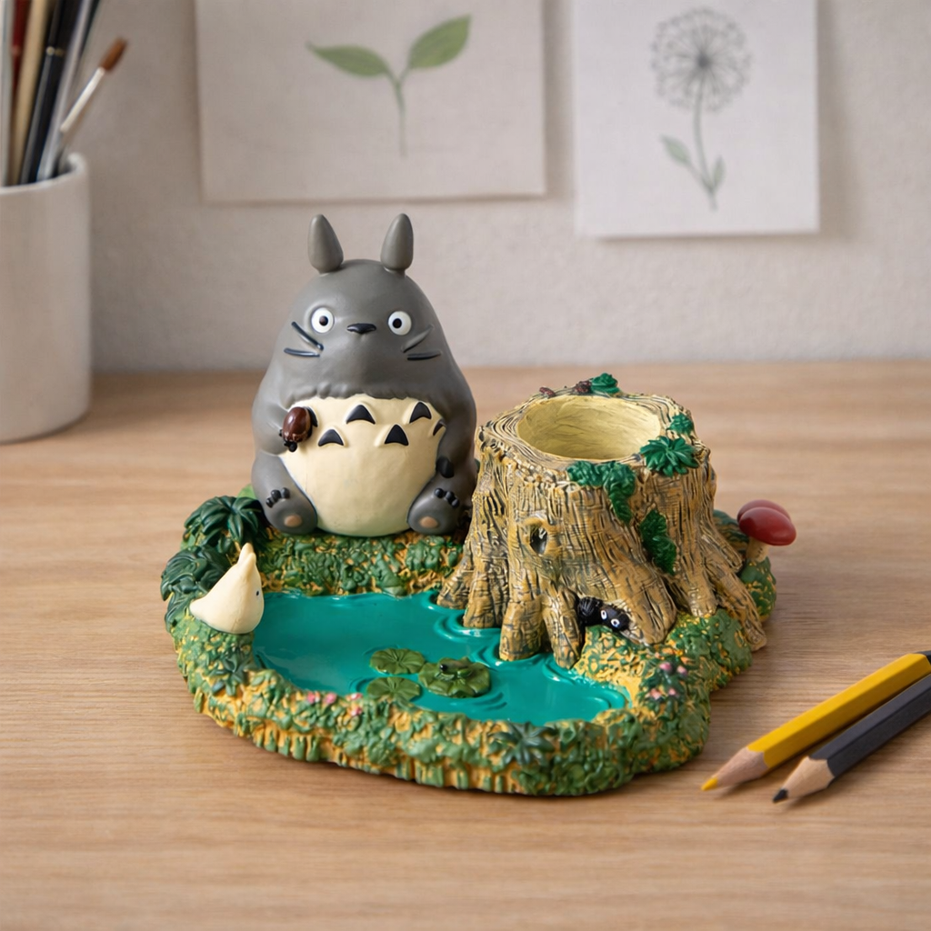 Totoro pen stand desk organiser with a tree stump design, displayed on a wooden surface.